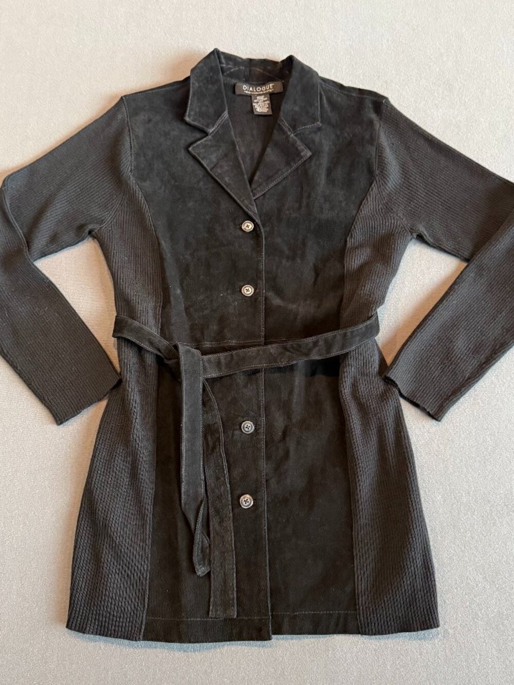 Dialogue Black Leather Merino Wool Knit Belted Sweater Coat Medium